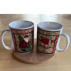 VINTAGE Sakura Debbie Mumm Magic Santa Christmas Mugs Set 2-1998 Folk Art Coffee
